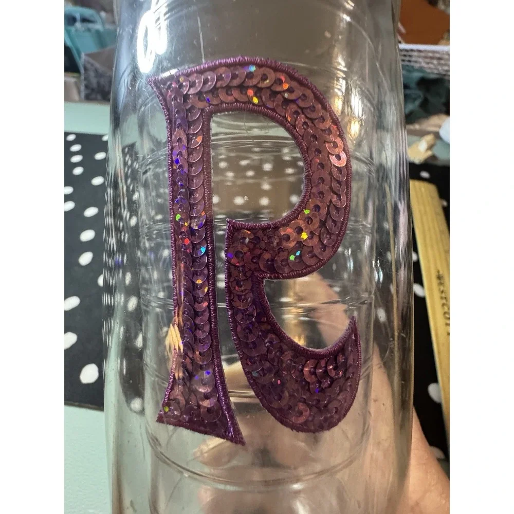 Tervis 24oz Purple Lid Sequined R  Initial Monogram Clear Tumbler Hot Cold NEW